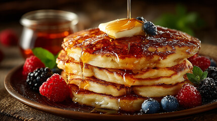 Pancakes with honey and blueberry around , dessert image.