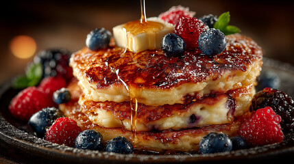 Pancakes with blueberry and strawberry , dessert meal.