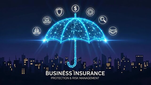 Video of business insurance umbrella with protection concept in city.