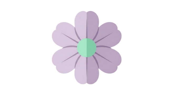 Stylized purple papercraft flower with six petals and a green center isolated on a white background. - Powered by Adobe
