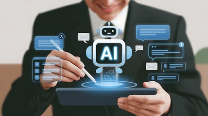 Man using tablet with AI chatbot and communication icons artificial intelligence robot