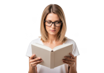 A young woman wearing glasses reading a book isolated on transparent background