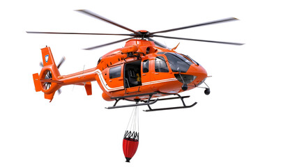 Orange rescue helicopter with a water bucket suspended below isolated on transparent background