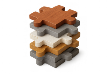 Stacked puzzle pieces representing business strategy, solution finding, teamwork, and problem solving on a transparent background