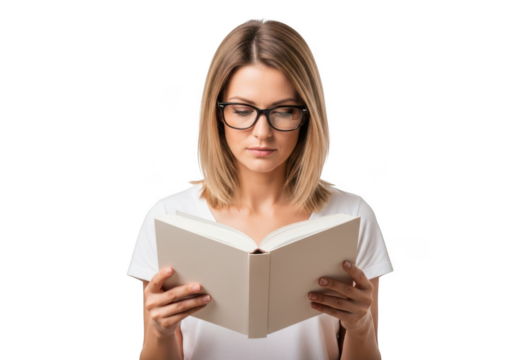 A young woman wearing glasses reading a book isolated on transparent background