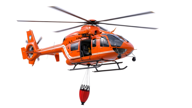 Orange rescue helicopter with a water bucket suspended below isolated on transparent background