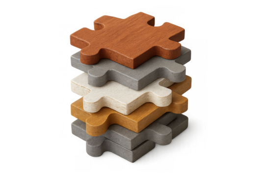 Stacked puzzle pieces representing business strategy, solution finding, teamwork, and problem solving on a transparent background
