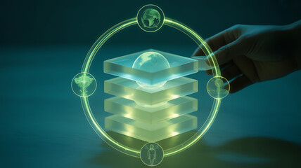 A hand places a transparent layer on a stack of layers, with a glowing green circle and globe icons, representing global data management and cloud computing solutions