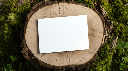 Blank card atop a weathered tree stump, amidst vibrant moss and subtle foliage. Perfect for adding your personalized message or unique design in a natural setting.