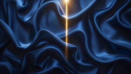 Obraz premium Blue Silk Fabric Texture with Golden Light, Abstract Luxury Background