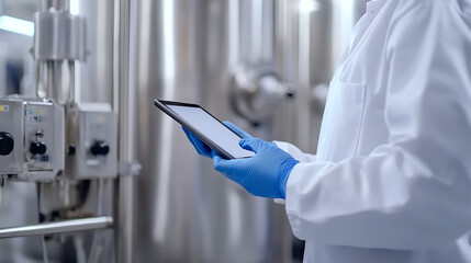 A professional in a lab coat and blue gloves uses a tablet in a manufacturing or research setting with stainless steel equipment, showcasing technology and precision in operations.