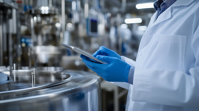 Scientist in lab coat reviews data on a tablet in a pharmaceutical manufacturing plant, ensuring quality and compliance with safety protocols. Precision in production.