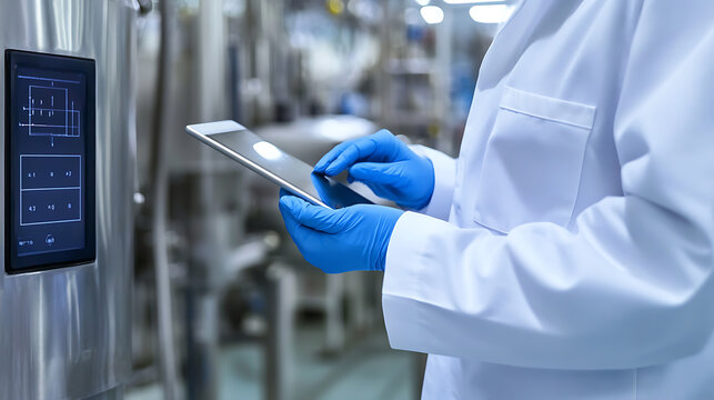 Scientist using a tablet near a machine with a control panel. They are wearing blue gloves and a lab coat, in a sterile-looking environment, possibly for pharmaceutical or chemical research.