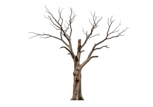 A bare, dead tree with intricate branches against a stark transparent background, symbolizing winter or drought