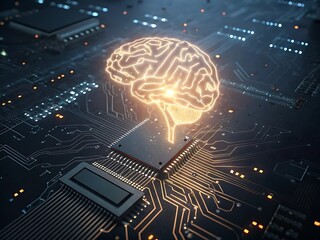 Glowing artificial brain on circuit board isolated on white background