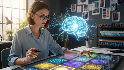 Woman interacting with digital interface and holographic brain image - Powered by Adobe