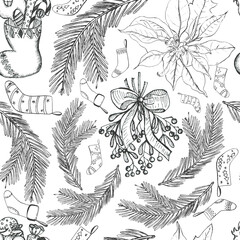 Seamless Pattern with Poinsettia and Fir Branches