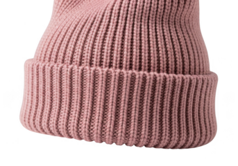 Closeup of a knitted pink beanie hat, isolated on transparent background