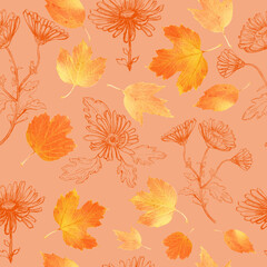 Seamless Pattern with Chrysanthemum and Leaves