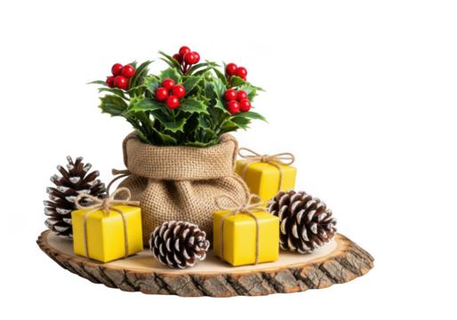 Christmas decoration with holly plant, red berries, pine cones, and yellow gift boxes on a wooden slice, isolated on transparent background