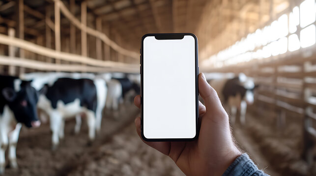 Hand holds phone with blank screen in dairy barn. Black and white cows in background. Technology meets agriculture, modernizing farming practices. Cow comfort monitoring.
