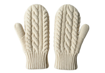 Pair of creamcolored cable knit mittens with thumb, isolated on transparent background