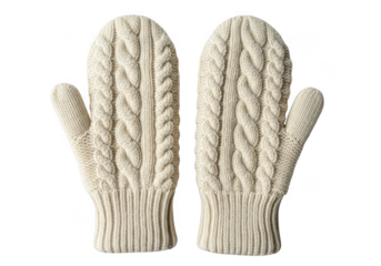 Pair of creamcolored cable knit mittens with thumb, isolated on transparent background