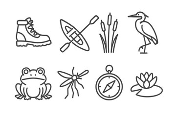 Adventure Marsh Icons. Line style icons of Adventure Marsh: Hiking Boots, Canoe, Reeds, Heron, Frog, Mosquito, Compass, Water Lily