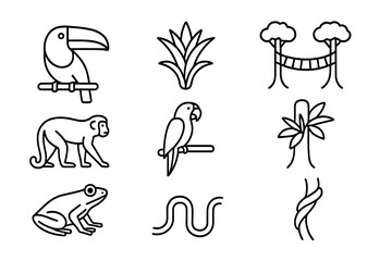 Obraz premium Rainforest Canopy Icons. Line style icons of Rainforest Canopy: Toucan, Bromeliad, Canopy Walkway, Howler Monkey, Macaw, Epiphyte,