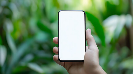 Hand holding a blank screen mobile device against a backdrop of lush green foliage, showcasing technology in nature, and communication on the go. Modern connectivity in a natural setting.