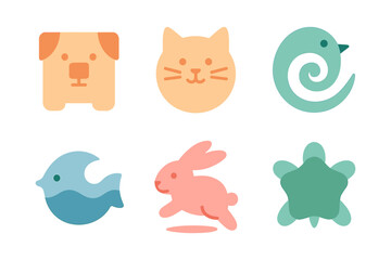 Minimalist animal icons set featuring dog, cat, bird, rabbit, and turtle