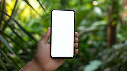 Hand holding a phone with a blank screen in a lush green environment, highlighting connectivity and nature. Capturing a moment of digital interaction amid serene surroundings.