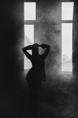 A mysterious woman stands in silhouette against a bright window, surrounded by dramatic smoke and shadows