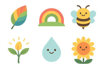 Cute nature icons featuring leaf, rainbow, bee, flower, and raindrop