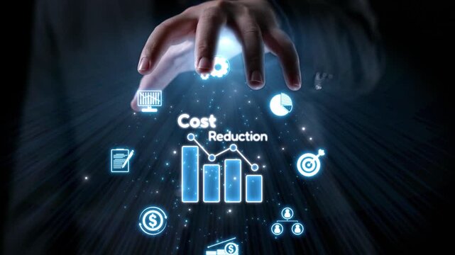 A businessman gestures to signify cost reduction, showcasing digital graphs, charts, and financial icons. This image represents analytics and strategic management concepts. Qubit