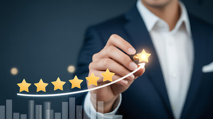 Businessman drawing a star rating with a pen, representing customer satisfaction and service quality, with a graph showing improvement and positive feedback