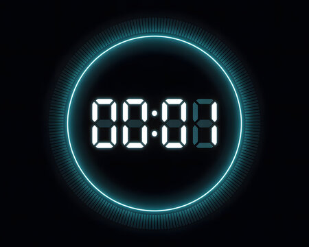 Digital countdown timer displaying zero minutes and one second with a glowing neon blue circle on a black background