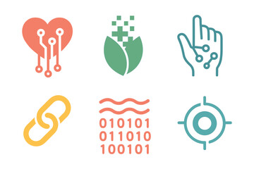 Obraz premium Modern technology icons: heart, nature, hand, link, code, target
