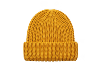 A single chunky knit beanie hat in mustard yellow, isolated on transparent background