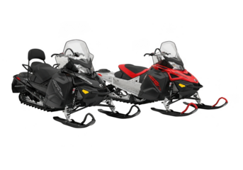 Two modern snowmobiles, one black and one red, parked side by side on a transparent background
