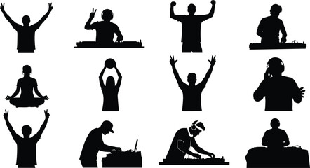 Silhouette vector illustration of DJs and people celebrating with music, headphones, dance, meditation, peace signs, entertainment, lifestyle, culture, and creativity