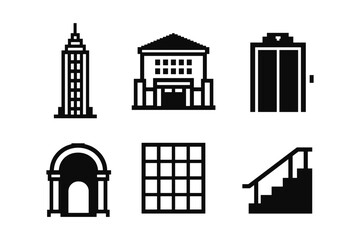 Obraz premium Minimalist building icons: urban architecture in black and white
