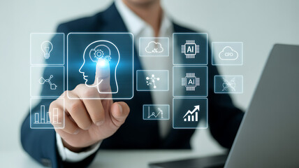A businessman is using his finger to touch an artificial intelligence icon on a virtual screen, representing the concept of modern technology and innovation