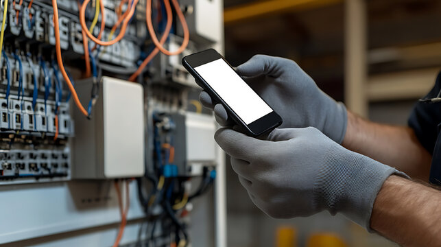 Gloved hands hold a smartphone with a blank screen in front of a complex electrical panel. Wires and circuits create a busy backdrop for modern inspection tech. - Powered by Adobe