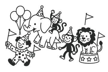 Fototapeta premium Circus Animal Parade. Cheerful parade of circus animals—elephants, monkeys, and lions—with balloons, flags, and clowns leading,