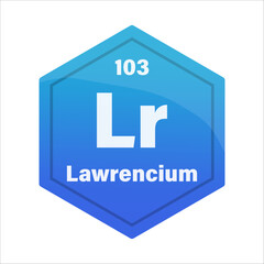 Lawrencium chemical tile. Atomic number 103. Lr chemical sign. Deep blue Vector hexagon.