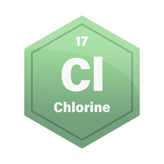 Chlorine chemical element tile. Atomic number 17. Cl chemical sign. Greenish gray Vector hexagon.