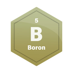 Boron chemical element tile. Atomic number 5. B chemical sign. Khaki green Vector hexagon.