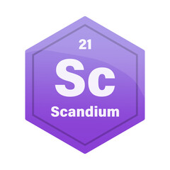 Scandium chemical element tile. Atomic number 21. Sc chemical sign. Violet purple Vector hexagon.