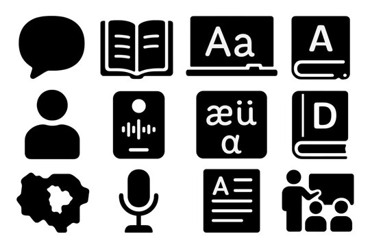 Language Revival Icons. Solid style icons of Language revival: speech bubble, teaching book, chalkboard, pen, student figure,